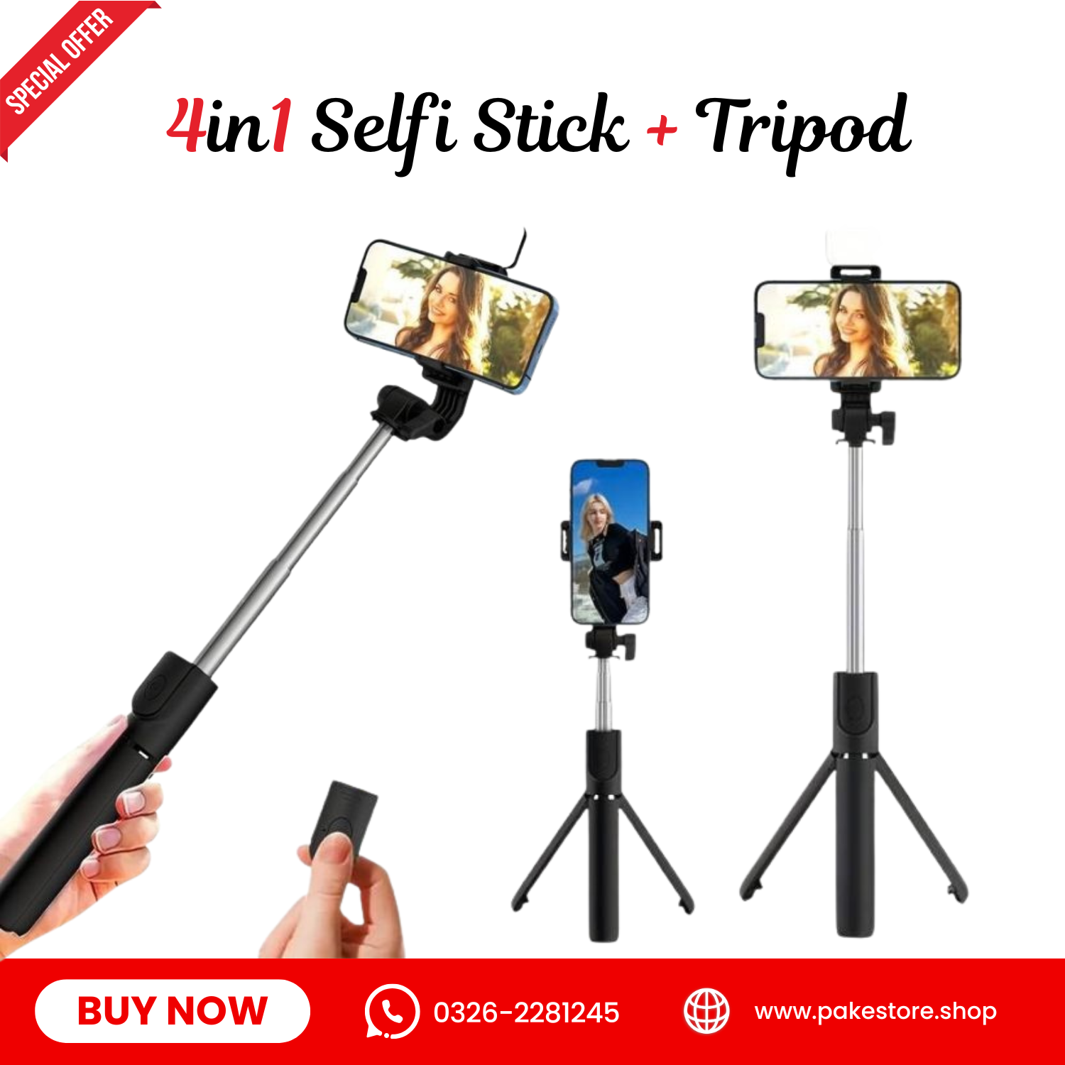 4 in 1 Wireless Selfie Stick Tripod with Bluetooth Shutter & LED Light  Foldable & Rechargeable