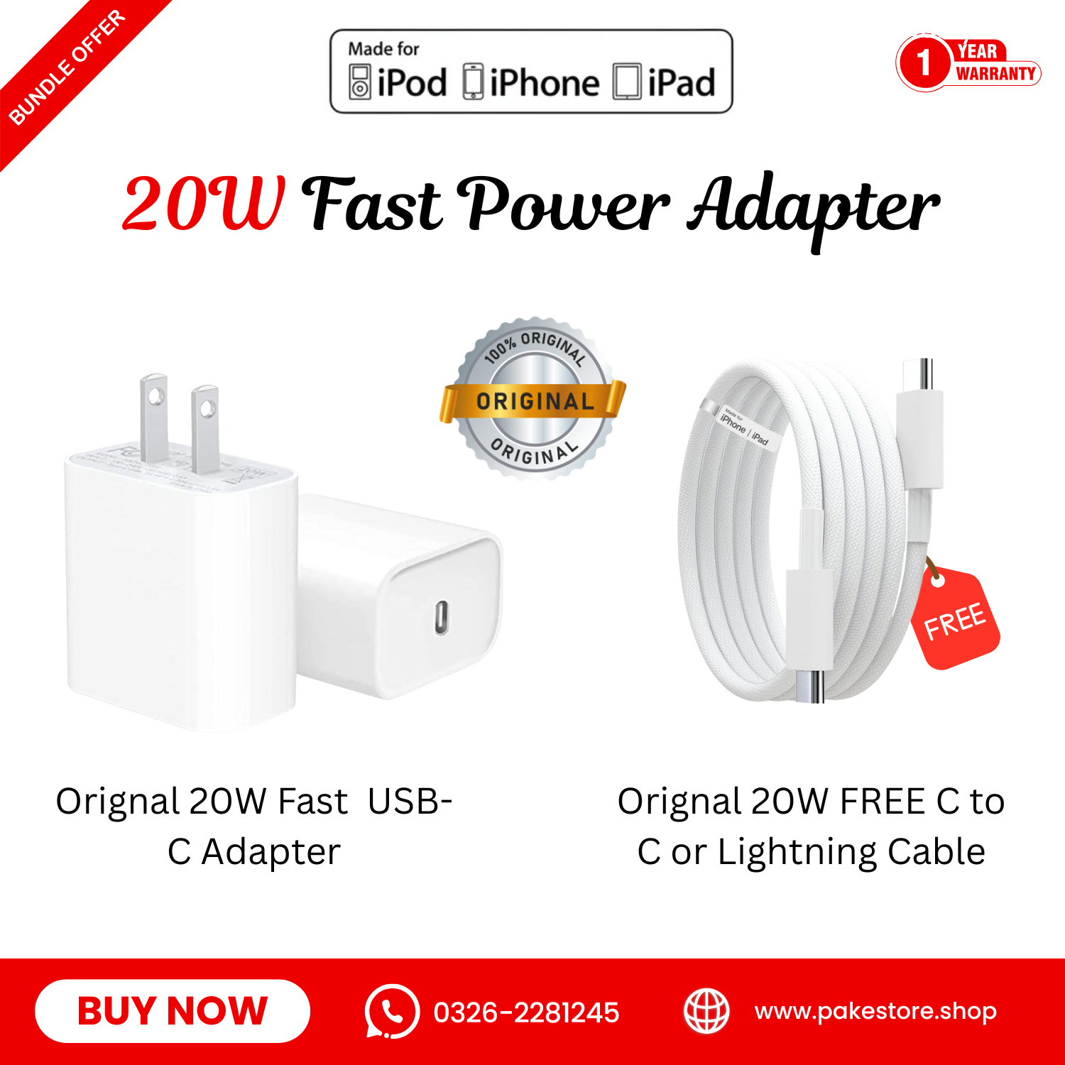 ⚡Original Apple 20W PD Fast Charger + FREE Lightning/USB-C Cable | Fast Charging | iPhone Compatible