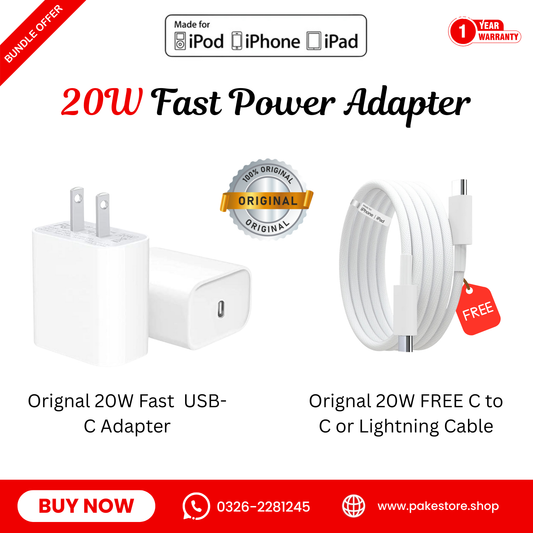 ⚡ Original Apple 20W PD 2-Pin Power Adapter + FREE Lightning / USB-C Cable | Fast Charging | 1-Year Warranty