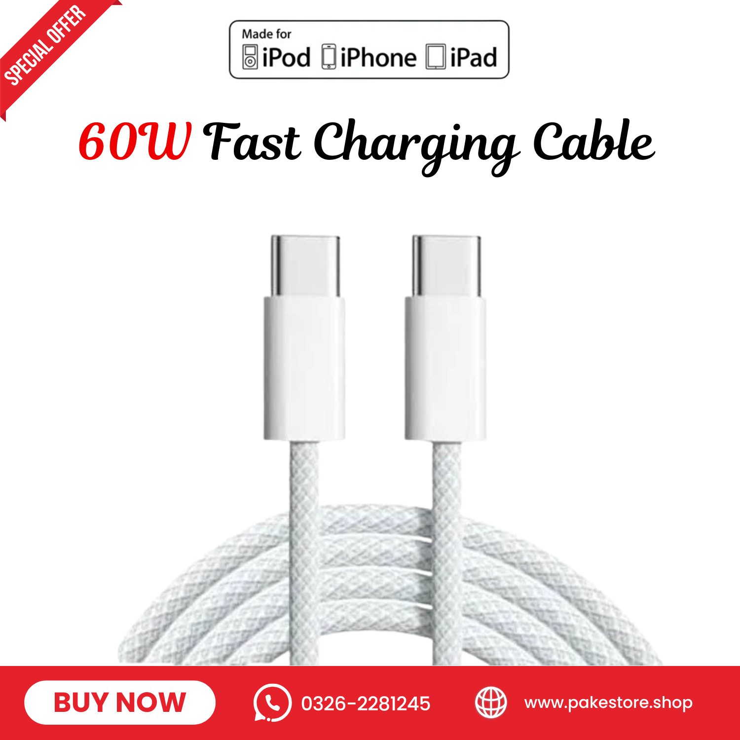 ⚡ 60W Fast Charging Type-C to Type-C Cable (1M) 🔌 | Braided | Fast Charge & Data Sync