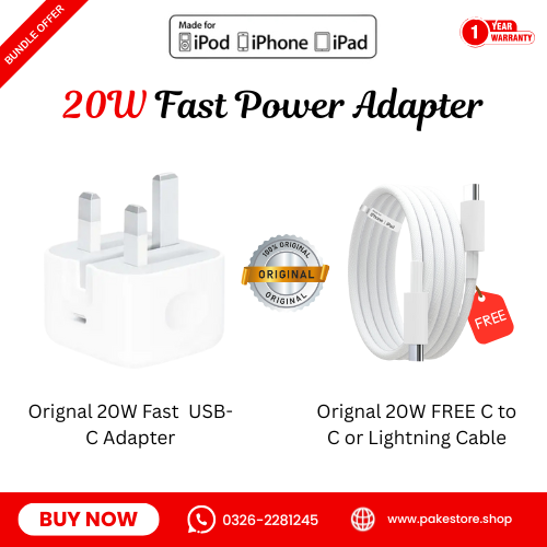 ⚡ Original iPhone 20W PD 3-Pin Power Adapter + FREE Original Data Cable | 1-Year Warranty | Fast Charging