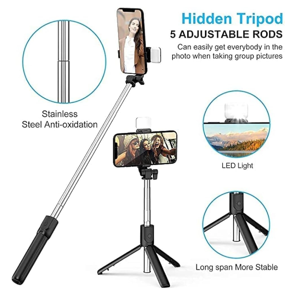 4 in 1 Wireless Selfie Stick Tripod with Bluetooth Shutter & LED Light  Foldable & Rechargeable